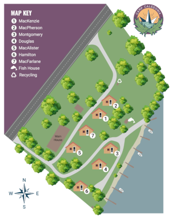 Illustrated map of Camp Caledonia. Cottages 5, 7, 1, and 2 on the upper level; Cottages 6, 4, and 3 on the lower level.